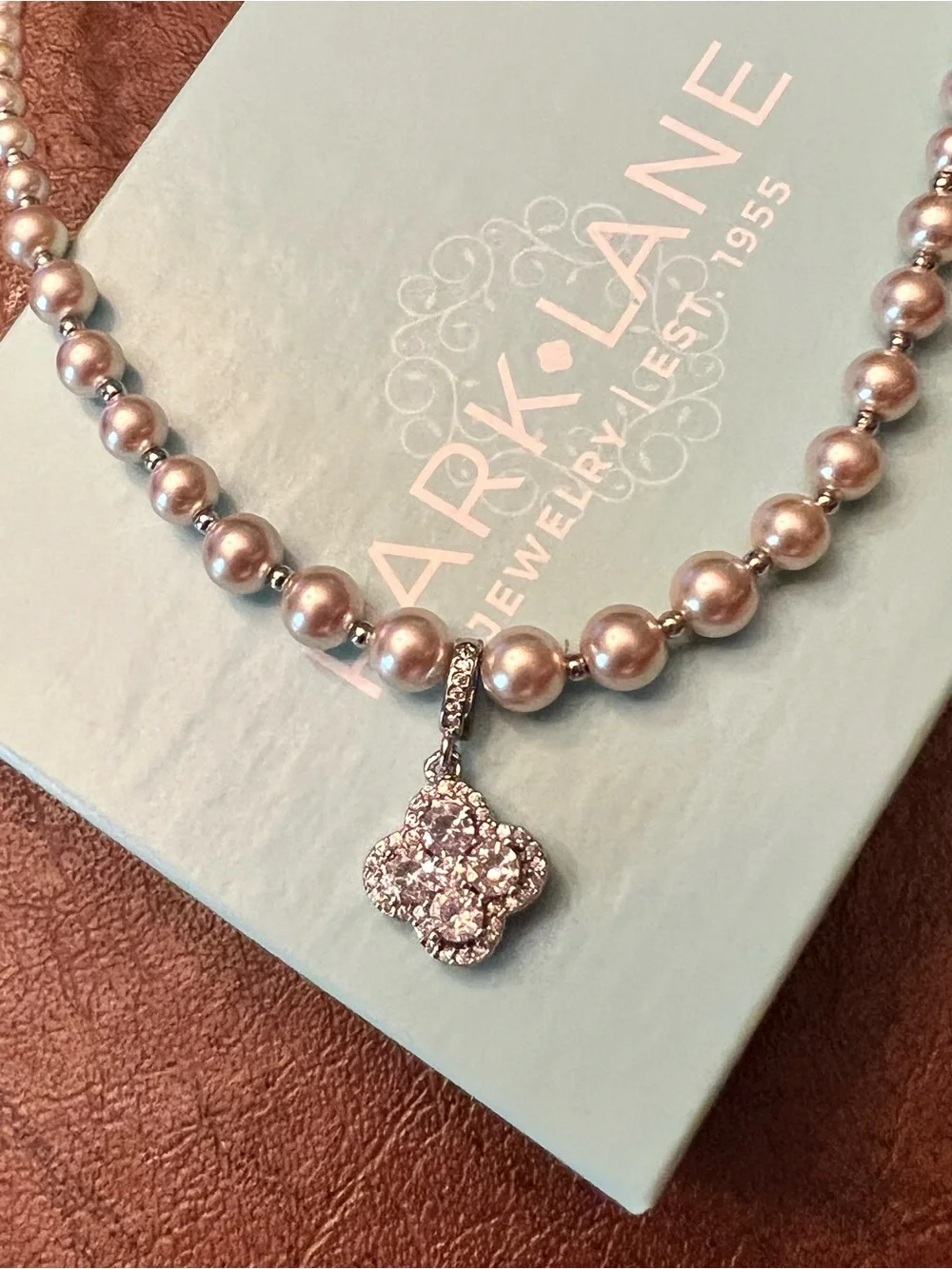 Park Lane Pearl Beaded Necklace with Crystal Clover Pendant, Silver, 16”+3”, NEW